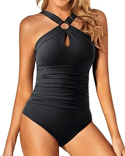 High Neck Keyhole One Piece Swimsuit for Women Vintage Bathing Suit Button-Front Swimsuit