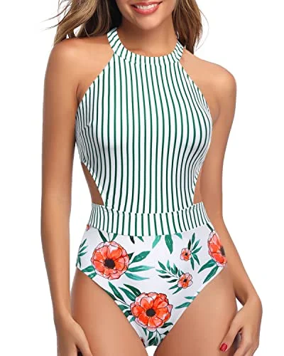 High Neck One Piece Swimsuit Cut Out Swimming Suit Women-White Floral Comfortable Swim Shorts