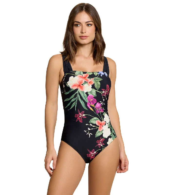 Jantzen Women's Floral Fantasy Hilda Glam One Piece Swimsuit Black Full Coverage Swimsuit