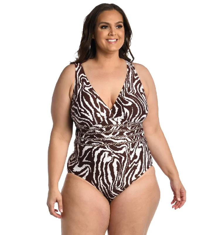 La Blanca Women's Plus Fierce Lines Cross Back One Piece Swimsuit Java Vibrant Bikini Bottoms