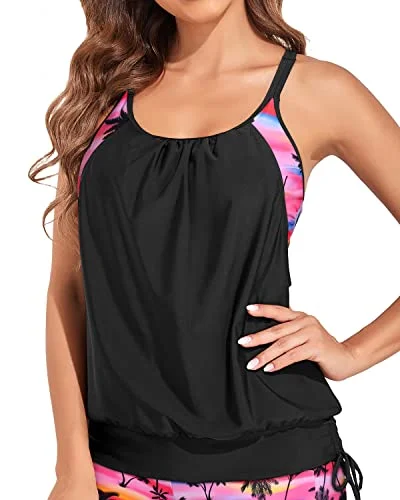 Loose & Long Blouson Tankini Swim Top Women-Black Conut Tree Comfortable Swim Dress