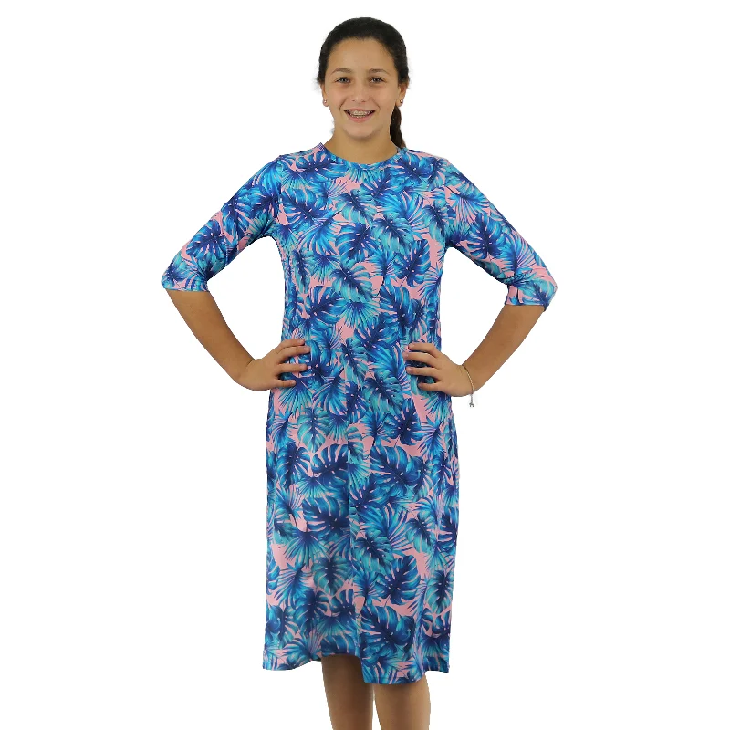 Girls Modest Tznius 3/4 Sleeve UPF 50+ Sun Protection bathing Suit Swimdress  (Miami in Blue Color ) Comfortable Tankini Set