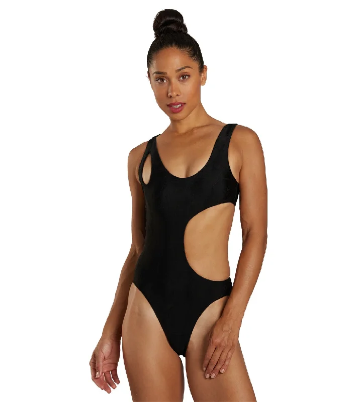 Nike Women's Block Texture Cut-Out One Piece Swimsuit Black Tropical Print One-Piece