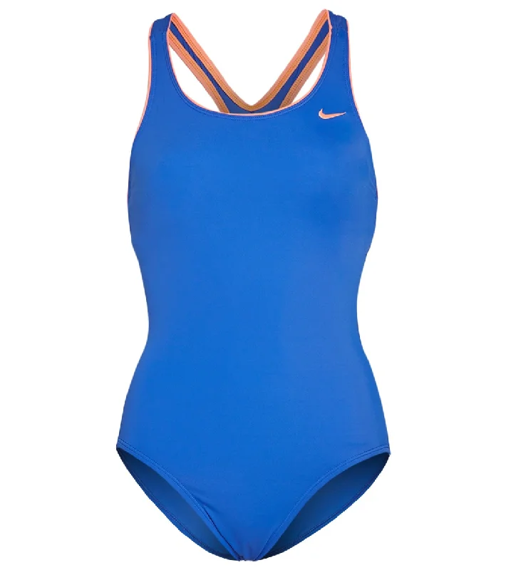 Nike Women's Solid Powerback Chlorine Resistant One Piece Swimsuit Hyper Royal Mesh Panel Swimwear
