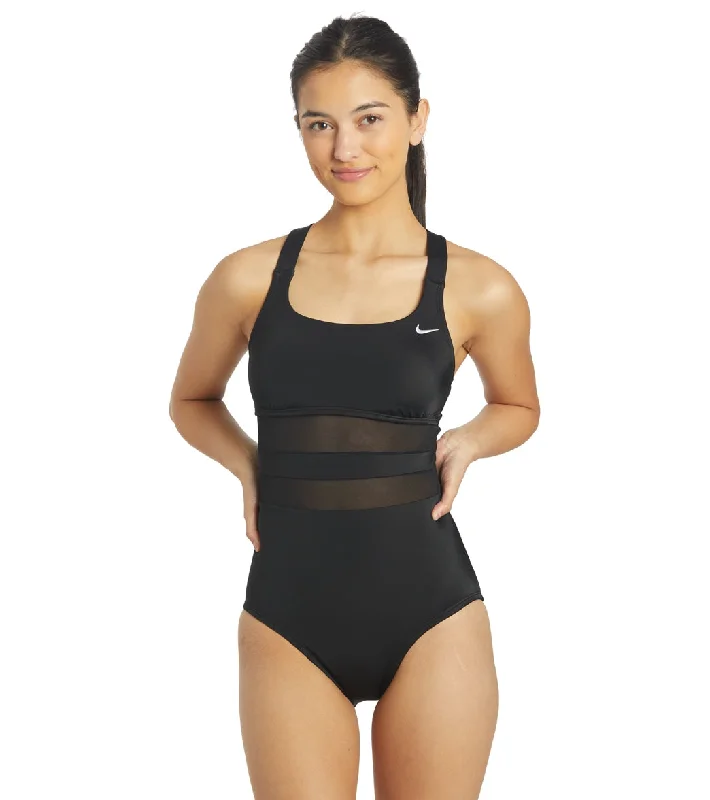 Nike Women's V Back One Piece Swimsuit Black Sleek Racerback Swimsuit