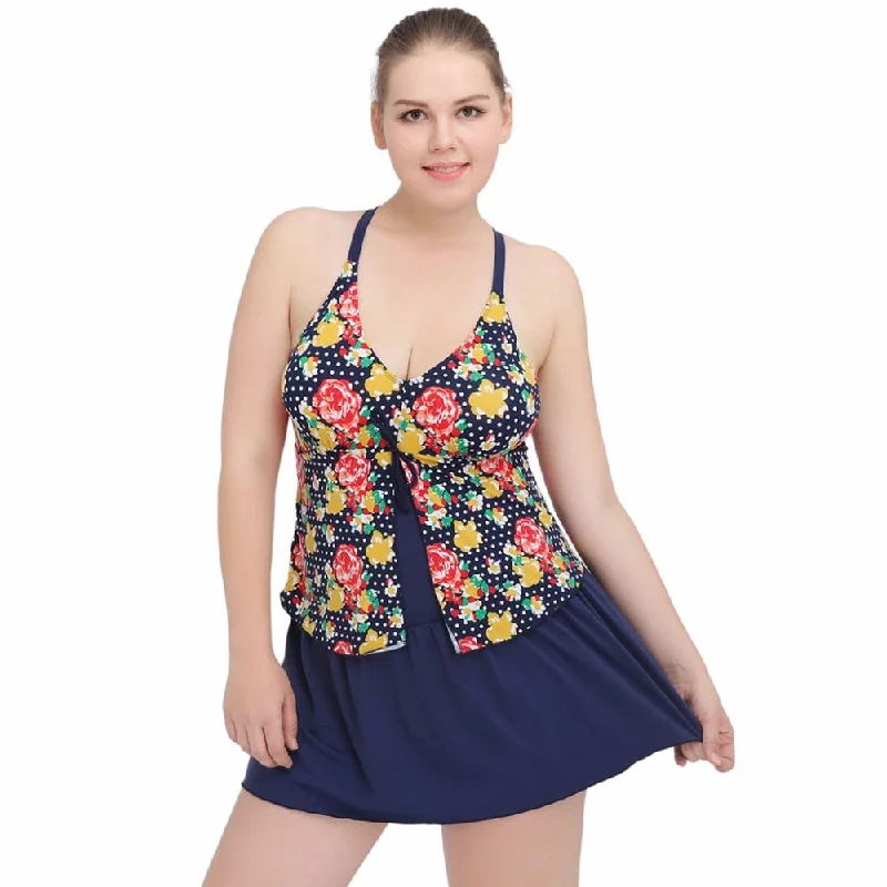 One Piece Plus Size Swimwear Floral Print Swimdress Crisscross Back Swimsuit