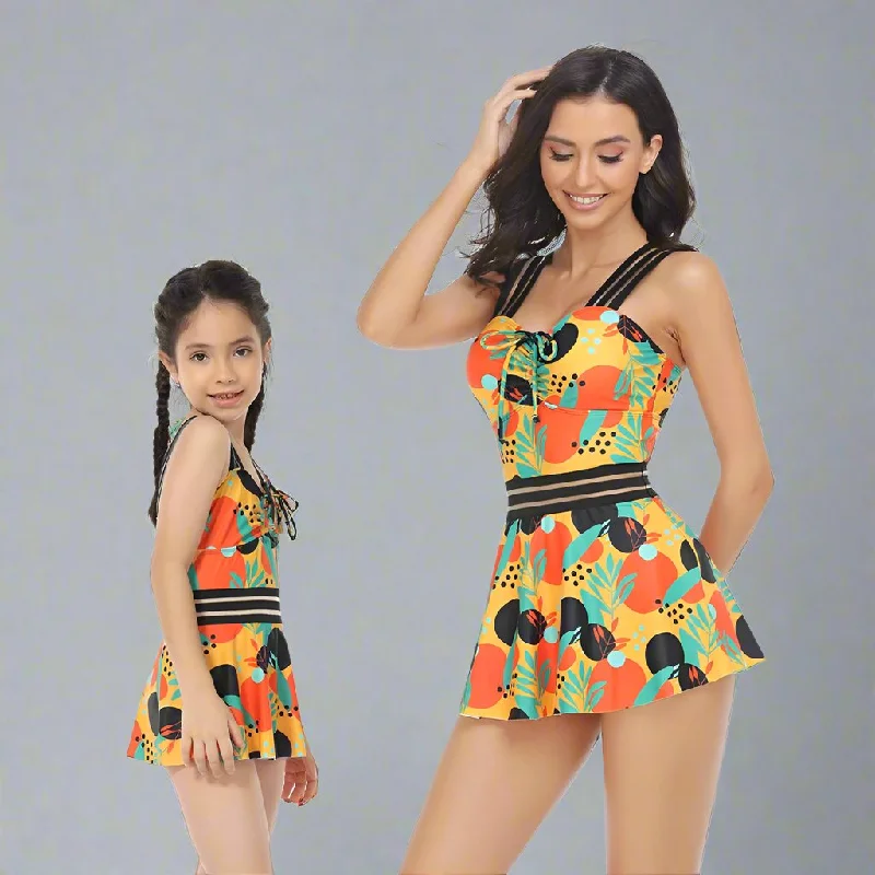 One-Piece Swimsuit with Swim Skirt for Women and Girls Playful Pattern Swimsuit