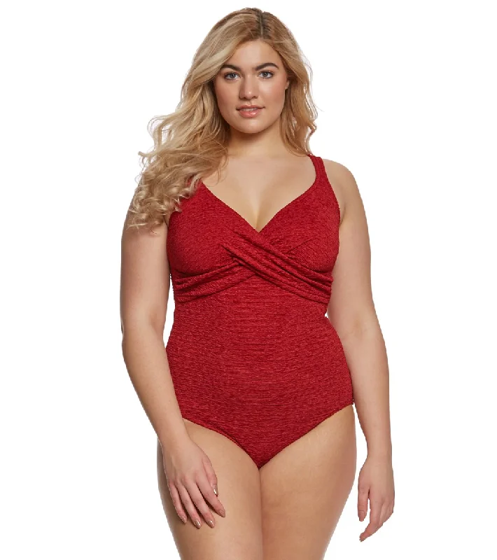 Penbrooke Krinkle Plus Size Chlorine Resistant One Piece Cross Over Swimsuit Brick Sexy Swimwear Set