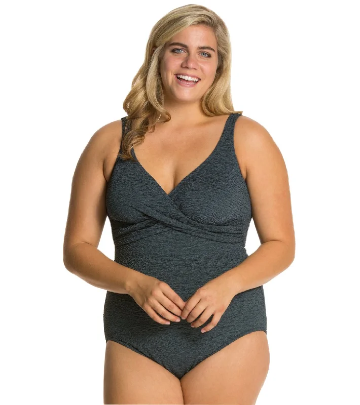 Penbrooke Krinkle Plus Size Chlorine Resistant One Piece Cross Over Swimsuit Graphite Floral Swimwear Set