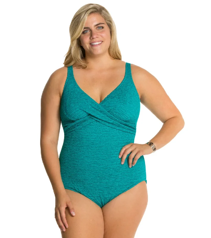 Penbrooke Krinkle Plus Size Chlorine Resistant One Piece Cross Over Swimsuit Jade Luxury Swimsuit Style