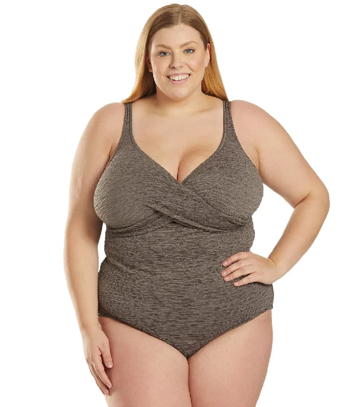 Penbrooke Krinkle Plus Size Chlorine Resistant One Piece Cross Over Swimsuit Mineral Beige Minimalist One-Piece