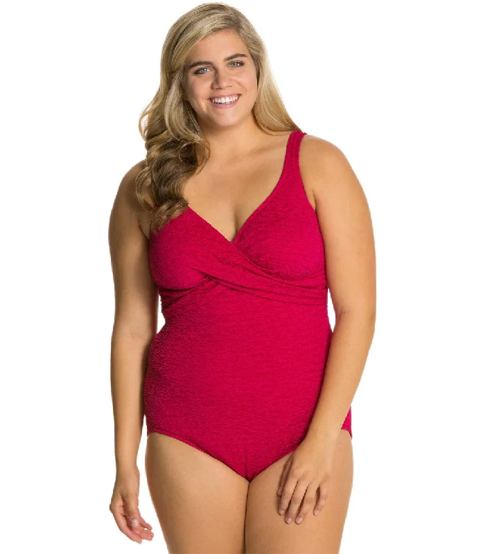 Penbrooke Krinkle Plus Size Chlorine Resistant One Piece Cross Over Swimsuit Poppy Red Comfortable Swim Dress
