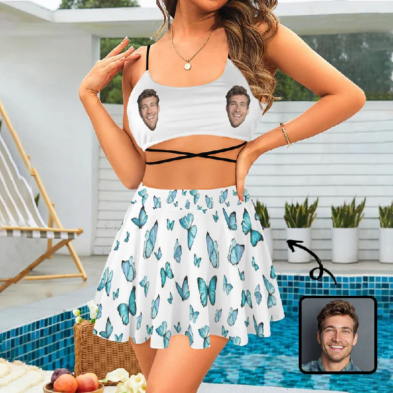Personalized Face Swimsuit Custom Face Butterfly White Background Women's String Three-Piece Bikini Swimsuit Skirt Tropical Print One-Piece