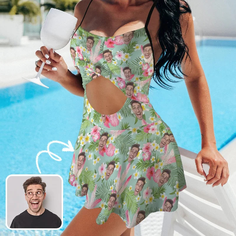 Personalized Face Swimsuit Dress Custom Face Green Leaves&Pink Flower Women's Cutout Cross Back Swimming Dress Minimalist One-Piece