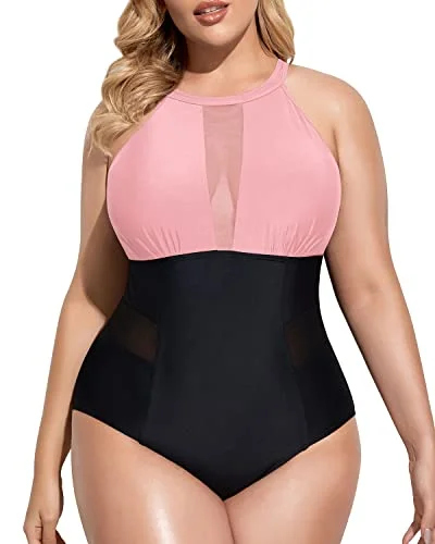 Plus Size Mesh Plunge Swimsuit Tummy Control-Pink And Black Full Coverage Swimsuit