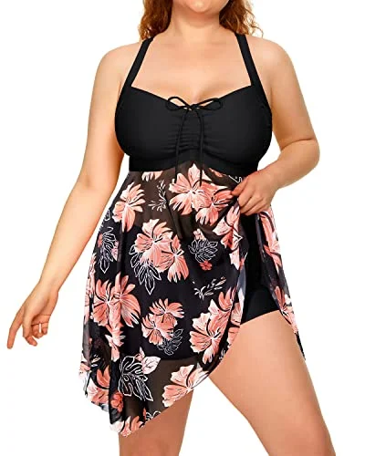 Criss-Cross Back Mesh Two Piece Swim Dress For Women-Black Floral Sexy Swimwear Set
