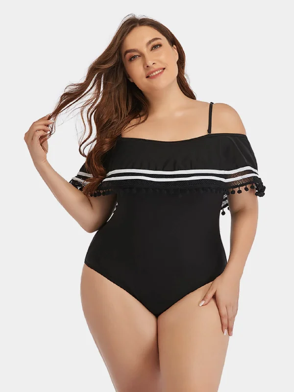 Plus Size Striped Cold-Shoulder One-Piece Swimsuit Swim Skirt Set