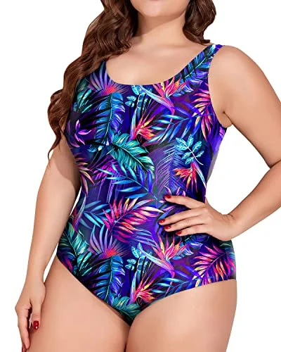 Slimming Plus Size Padded Push Up Bra One Piece Swimsuit-Blue Leaves Flirty Ruffle Swimsuit