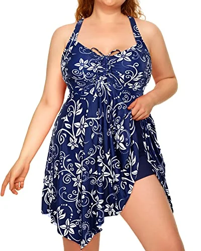Ruffled Irregular Hem Plus Size Two Piece Swimdress-Blue Flower Classic Two-Piece Bikini