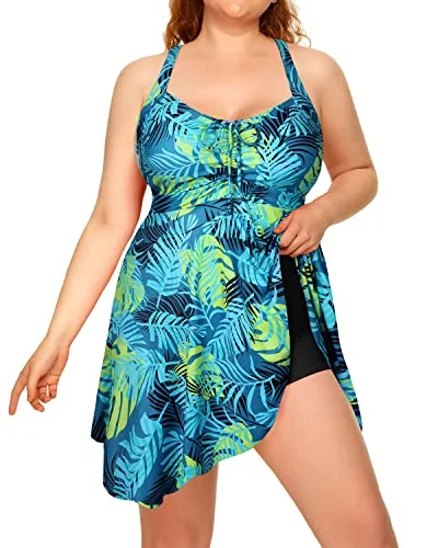 Sexy Cross-Back Tummy Control Plus Size Two Piece Swimdress-Blue Leaf Classic Swimsuit Design