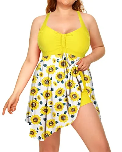 Adjustable Drawstring Tankini Plus Size Two Piece Swimdress-Yellow Floral Beach Ready Swimsuit