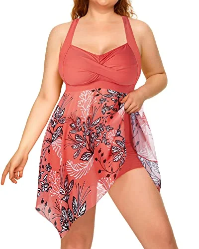 Plus Size Two Piece Mesh Swim Dress Boyshorts For Women-Pink Flower Classic One-Piece