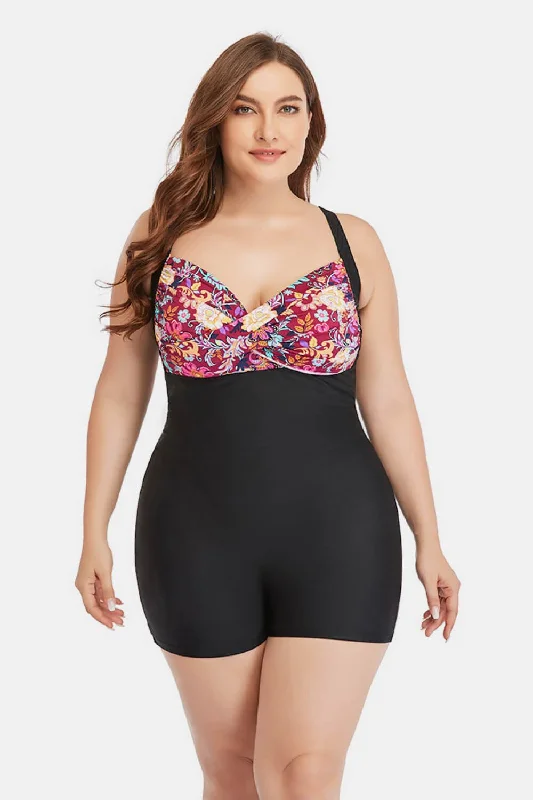 Plus Size Two-Tone One-Piece Swimsuit Elegant Ruffle Swimsuit