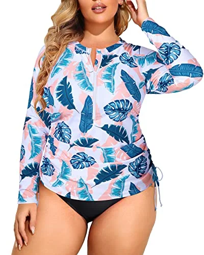 Plus Size Women's Long Sleeve Zipper Rash Guard Swimsuit Two Piece UPF 50+ Plus-Size Bikini Set