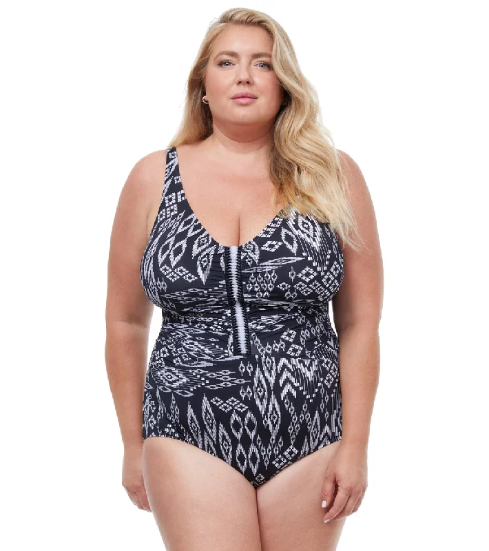 Profile by Gottex Women's Plus Size Pervian Nights V Neck One Piece Swimsuit BLK/WHT Tropical Print Bikini