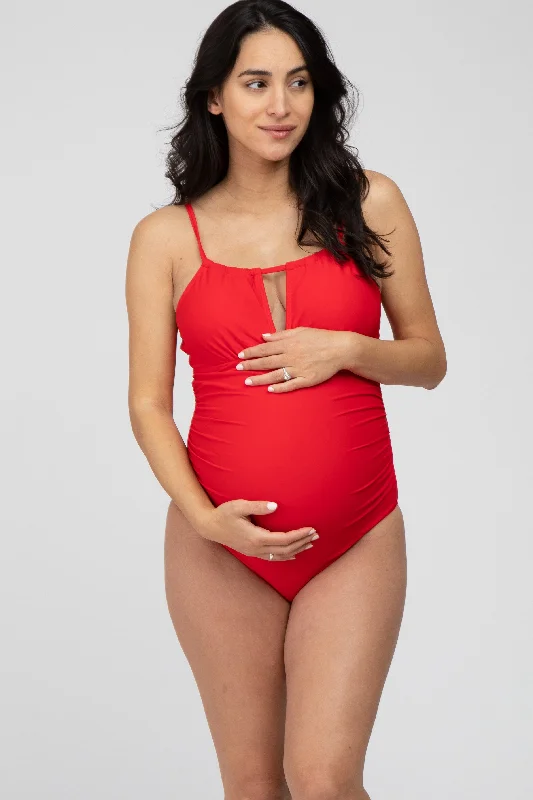 Red Back Tie Cutout One Piece Ruched Maternity Swimsuit Playful Pattern Swimsuit