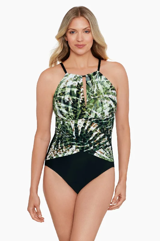 Draped High Neck Mio One Piece Swimsuit Wild Leaf Elegant Ruffle Swimsuit