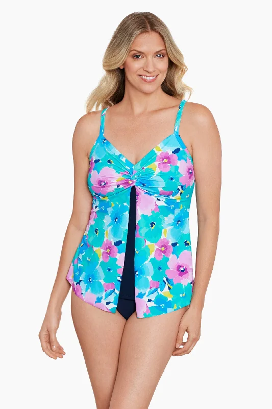 Knotted Flyaway Tankini Top Hidden Garden Ruched Swimwear Set