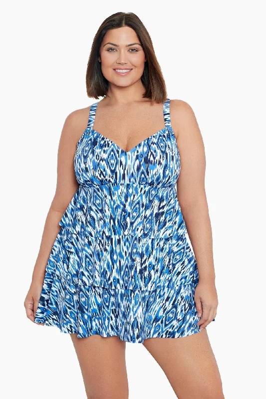 Plus Size Triple Tier Swim Dress Ikats Meow Strappy Back Bikini
