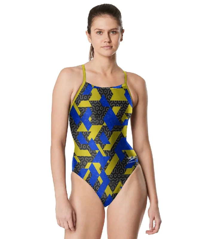 Speedo Women's Ruse Blocks Flyback One Piece Swimsuit Navy/Gold Ruched Swimwear Set
