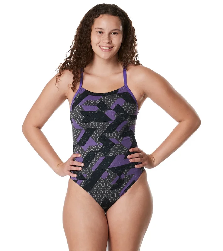 Speedo Women's Ruse Blocks Flyback One Piece Swimsuit Speedo Purple Lace Back Bikini