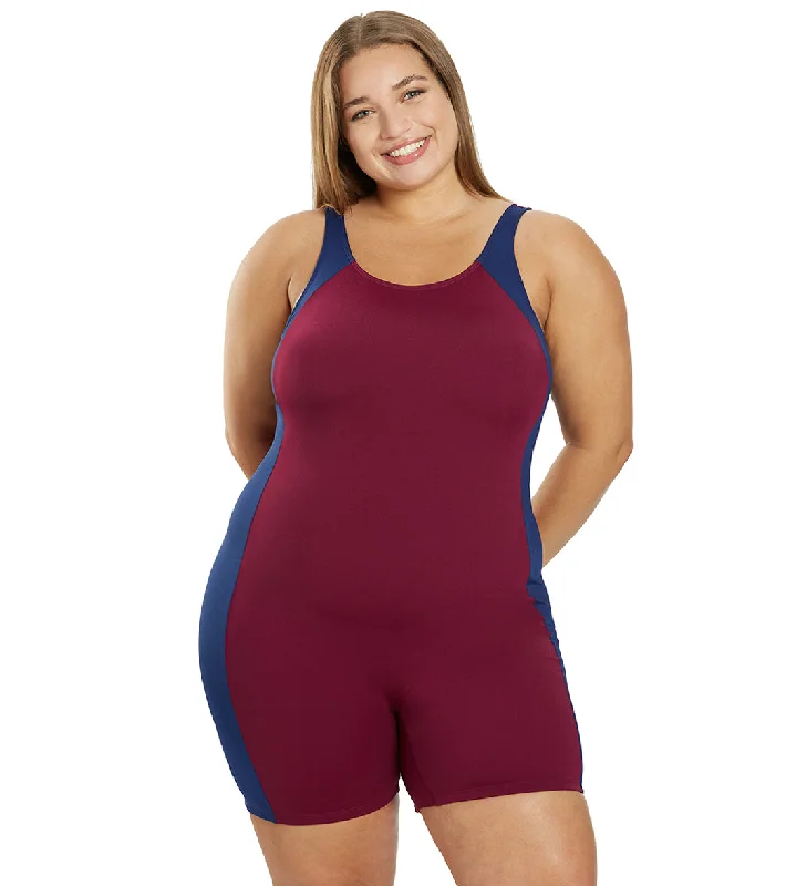 Sporti Plus Size HydroLast Chlorine Resistant Splice Scoop Back Unitard One Piece Swimsuit Cabernet/Navy Chic Beach Cover-Up