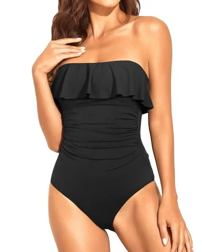 Strapless One Piece Swimsuits for Women Tummy Control Bandeau Bathing Suits Ruffle Slimming Swimwear Trendy Swimwear Set