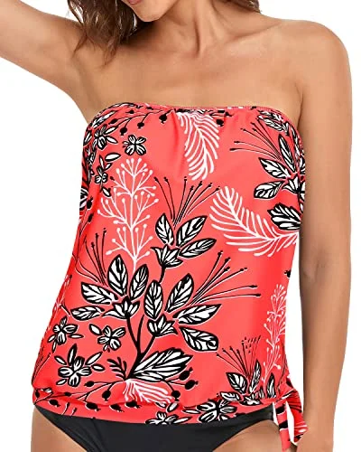 Strapless Tankini Tops For Women Swimwear Top Only-Red Floral Push-Up Bikini Bottoms