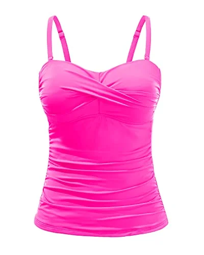 Stylish Tummy Control Tankini Top Women's Twist Front Bandeau Bathing Suit Mesh Panel Swimwear