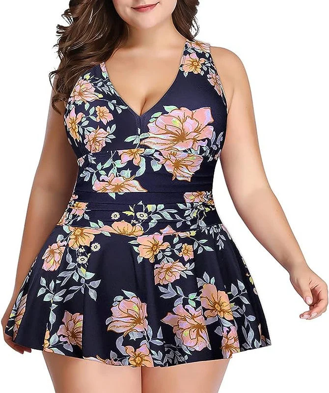 Swimdress Two Piece Retro V-Neck Swimsuit with Ruffles Floral Print Push-Up Swimsuit Top