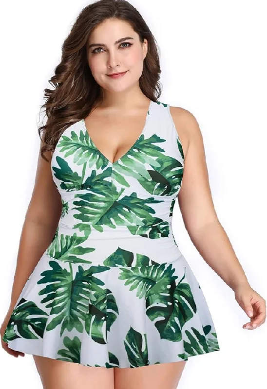 Swimdress Two Piece Retro V-Neck Swimsuit with Ruffles White Leaf Print V-Neck Swim Dress
