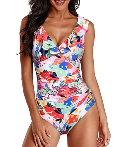 Women One Piece Swimsuits Tummy Control Ruffle V Neck Swimwear-Colorful Leaves Timeless Black Bikini