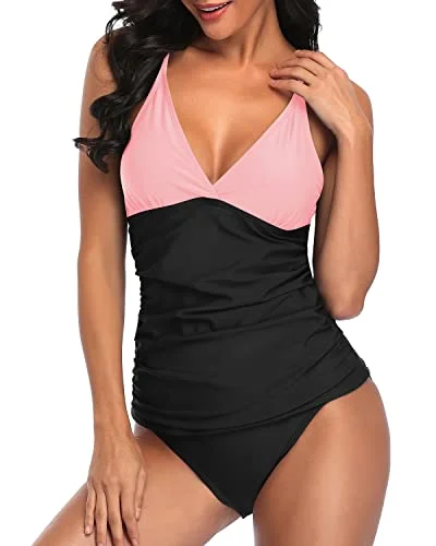 Deep V Neck Tankini Top With Swim Bottom Bathing Suits For Women-Pink And Black Adjustable Swim Top