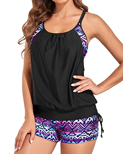 Unique Blouson Tankini Top With Tummy Control For Women-Black And Tribal Purple Modern High-Waisted Swimsuit