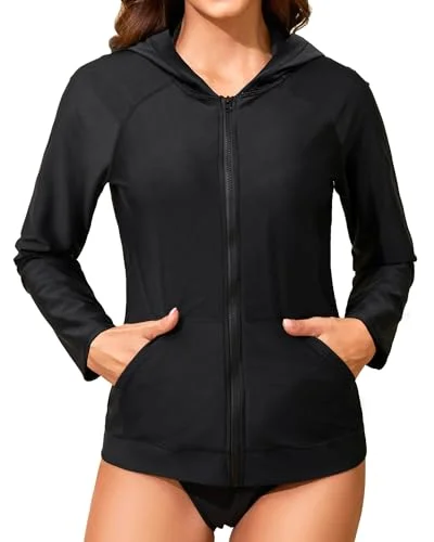 Two Piece Womens Long Sleeve Hooded Rash Guard Zip Up Swimsuit with Pockets UPF 50+ Swim Shirt with Bikini Bottom Fun Pattern Swimsuit