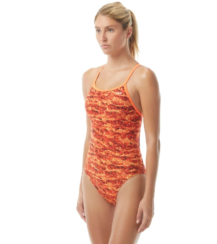 TYR Women's Agran Diamondfit One Piece Swimsuit Black/Orange Strap Bikini Set