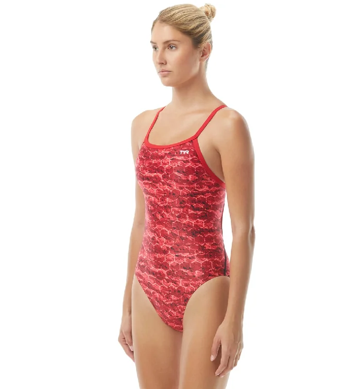TYR Women's Agran Diamondfit One Piece Swimsuit Red Swim Skirt Set