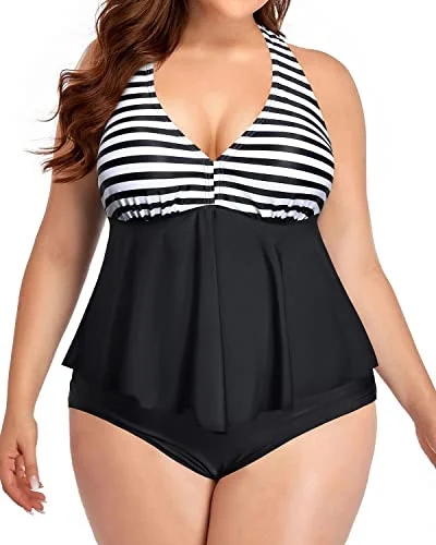 V Neck Plus Size Two Piece Swimsuits High Waisted Bathing Suits For Women-Black And White Stripe Sexy Cutout Swimsuit