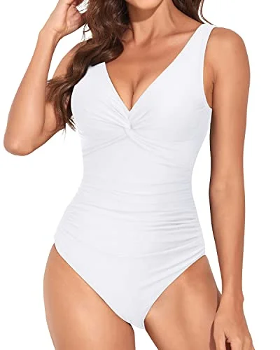 V Neck Twist Front Monokini Vintage Tummy Control Swimsuit-White Trendy Swimwear Set