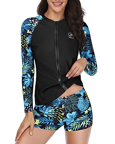 Long Sleeve Zipper Rash Guard For Women Upf 50+ Swim Shirt With Shorts-Blue Leaf Color-Block Bikini